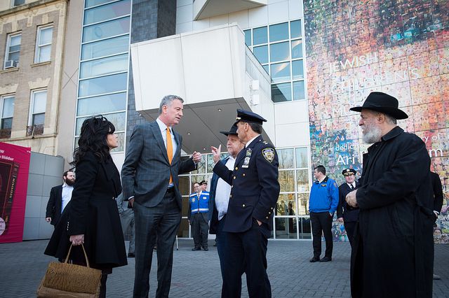 Mayor de Blasio, on the scene at the Jewish Children's Museum following yesterday's bomb threat.